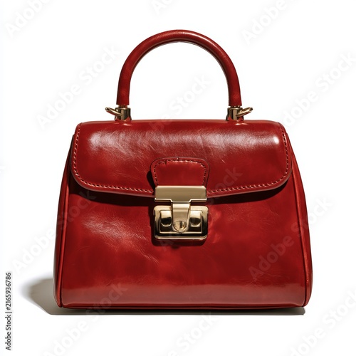 Women's handbag rests on white backgrounds.