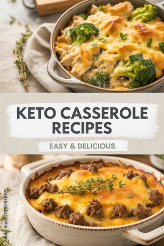 Homemade keto casserole dishes with broccoli and ground meat in ceramic baking pans.