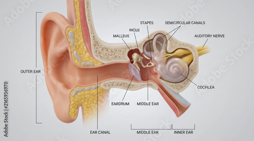 Naklejka Human ear anatomical cross section depicting outer middle and inner ear structures