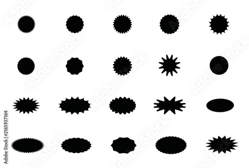 Vector. Conjunto de siluetas de círculos y estallidos para pegatinas e insignias. Etiqueta engomada de forma starburst y circular para ventas, precios, descuentos o promociones.  Conjunto de iconos.