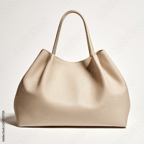 Beige leather women’s handbag sits on a plain white background.