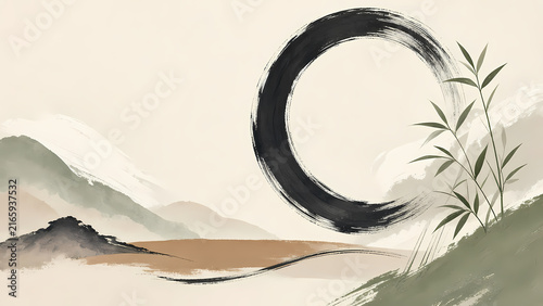 Japandi Zen cover / poster art in premium flat vector style with wabi-sabi minimal composition and washi paper texture
