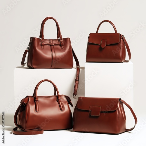 Elegant brown leather bags show off style for women against white studio backgrounds.