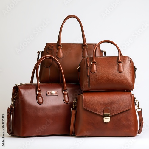 Elegant brown leather bags show off style for women against white studio backgrounds.