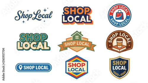 This image includes vibrant 'Shop Local' badges designed to encourage community support and promote local businesses, embodying the essence of community spirit.