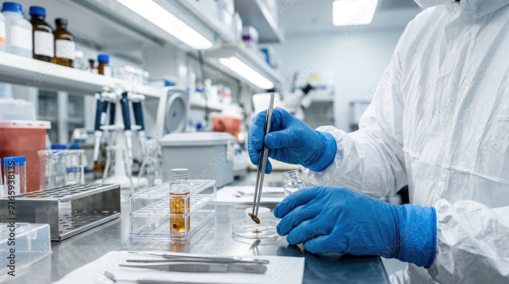 Fototapeta premium Lab technician in sterile suit using tweezers to handle specimen, biotechnology research concept