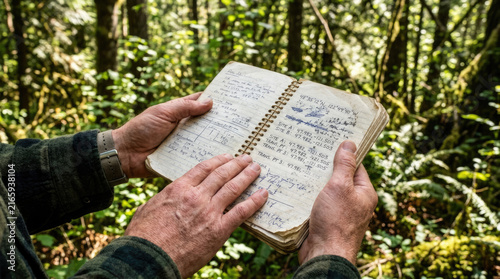 Hands holding a worn notebook with coordinates during a forest expedition representing scientific research