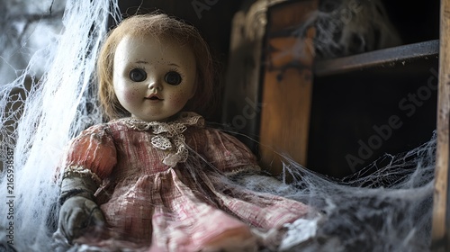 A creepy doll with cracked porcelain skin and a haunting expression sitting in a chair.