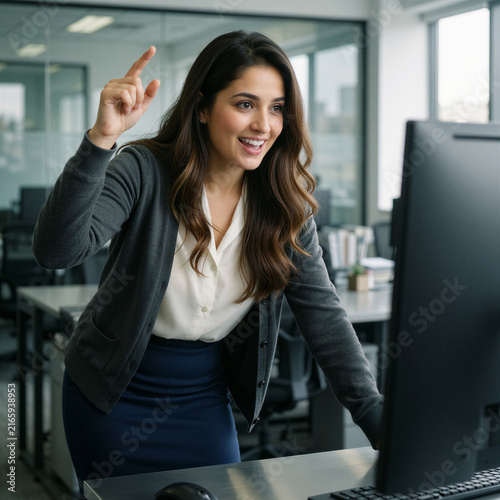Confident Indian businesswoman passionately gesturing in a modern office with a vibrant expression on her bright oval face.