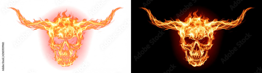 Fototapeta premium Fiery horned skull symbol made of blazing orange flames and glowing ember veins isolated transparent png overlay