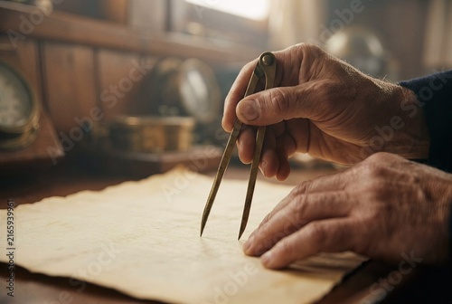 Faceless side profile close up of hands using blank brass dividers on plain parchment. Cinematic haze for historical navigation themes.
