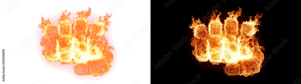Fototapeta premium Clenched fist flame symbol with raised fire knuckle blocks transparent PNG cutout