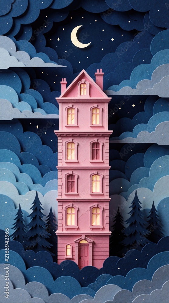 Fototapeta premium Paper art illustration shows a pink building at night under a crescent moon and starry sky. Layered clouds and dark pine trees create a whimsical, dreamy forest scene.