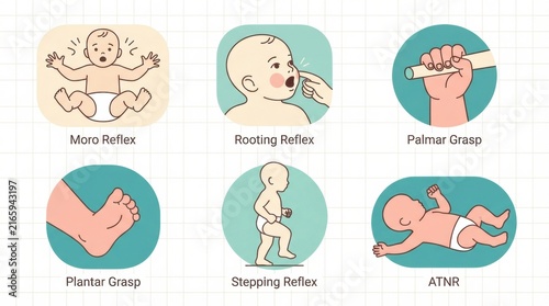 Visual representation of various primitive reflexes seen in infants, illustrating their development during the first year of life.