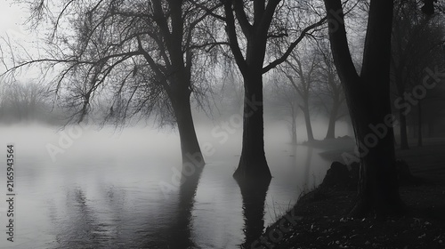 A foggy riverbank with shadowy figures lurking among the trees.