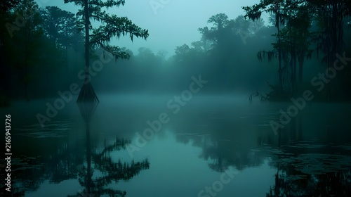 A foggy swamp filled with eerie sounds and hidden dangers lurking beneath the surface.