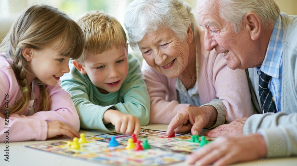 Obraz premium Grandparents and grandchildren playing a board game at a sunlit kitchen table