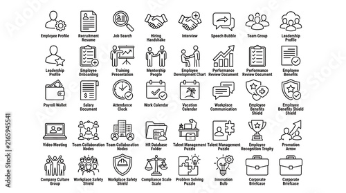 Business icons set representing human resources, recruitment, employee training, and talent management concepts.