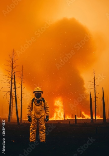 Protective yellow gear stands against a backdrop of thick orange smoke and charred trees while embers drift through the hazy forest air, helmet, prevention, dramatic
