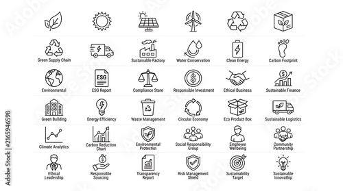 Symbols arranged neatly to form a detailed grid showcasing corporate sustainability and ecological business practices.