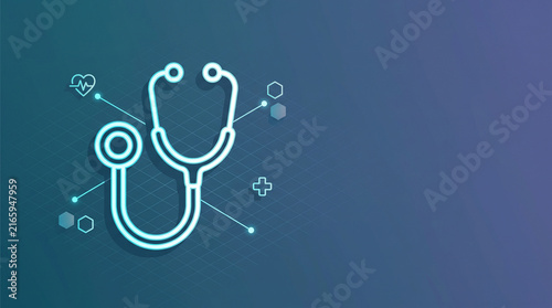 Digital healthcare ecosystem visualization featuring glowing neon stethoscope icon and medical data connections for health tech infrastructure