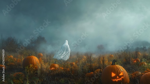 A ghostly figure gliding over a pumpkin patch during a misty Halloween night.