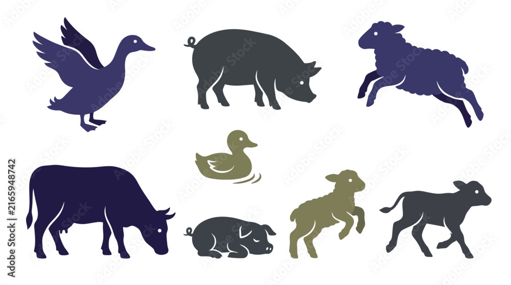 Obraz premium This image features a collection of stylized silhouettes of different farm animals, including a duck, goose, pig, sheep, and cow, showcasing diverse poses and expressions.