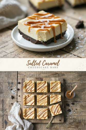 Salted caramel cheesecake bars on a rustic wooden board for dessert menu