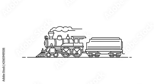 Vintage Steam Train Line Art Illustration with Tender Car. Retro Locomotive Outline Drawing. Classic Transport Vector Icon.