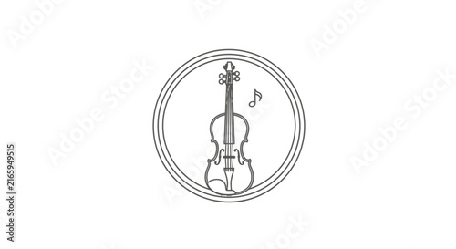 Minimalist line art illustration of a violin with a musical note in a circle, black and white graphic icon for classical music