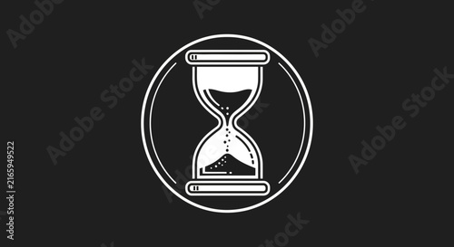 Elegant hourglass icon with falling sand, representing time passing, deadlines, waiting, and measurement. Monochrome vector graphic.