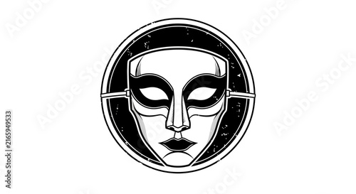 Mysterious Sci-Fi Female Face with Mask in Circular Grunge Frame. Abstract Robotic Avatar Illustration, Black and White Art.