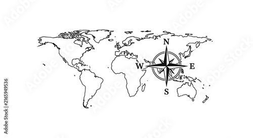 Global map with compass rose indicating cardinal directions, black and white outline for navigation, travel, and exploration concepts