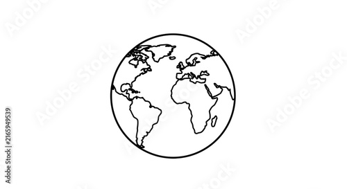 Minimalist black and white line art globe icon showing continents. Simple global Earth map symbol for international connection and world concepts.