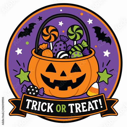 A Halloween circular badge shows a jack-o'-lantern bucket filled with colorful candy and.