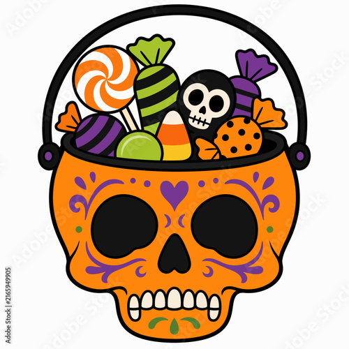 A colorful vector illustration of an orange skull bucket overflowing with Halloween treats.
