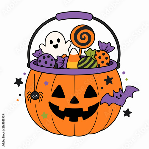 A cute cartoon jack-o-lantern bucket is filled with various colorful Halloween candies.
