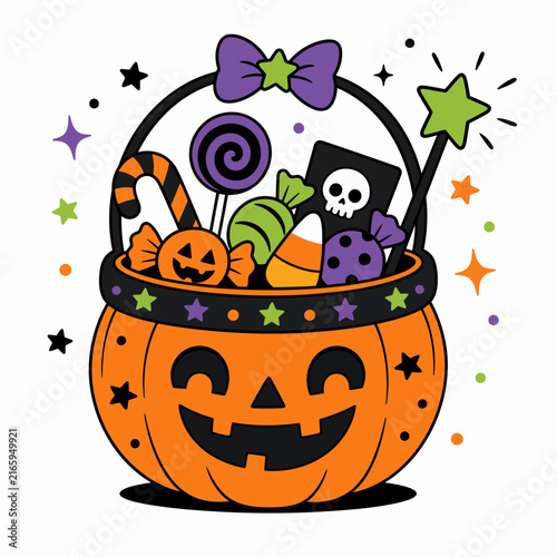 A cartoon illustration depicts a jack-o-lantern bucket filled with colorful Halloween.