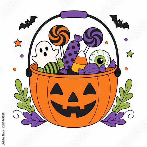 A festive orange jack-o-lantern bucket is filled with various Halloween candies and treats.
