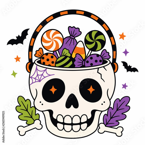 A cartoon skull bucket is filled with colorful Halloween candies and surrounded by bats.