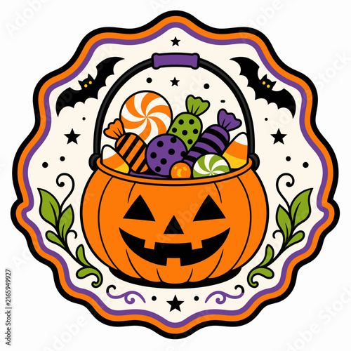 Vector illustration of a Halloween jack-o'-lantern pumpkin bucket filled with colorful.