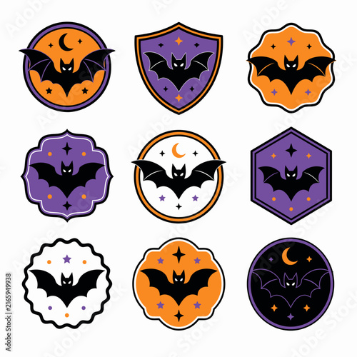 A collection of nine Halloween-themed vector badges featuring black bats and crescent.