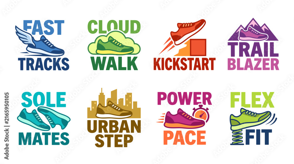 Obraz premium A vibrant collection of shoe-related logos designed for fitness and sports enthusiasts, focusing on active lifestyles and emphasizing movement, speed, and energy.