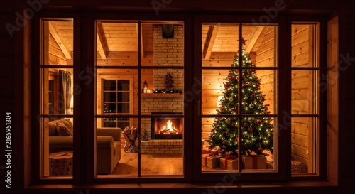 Cozy Christmas scene viewed through a window