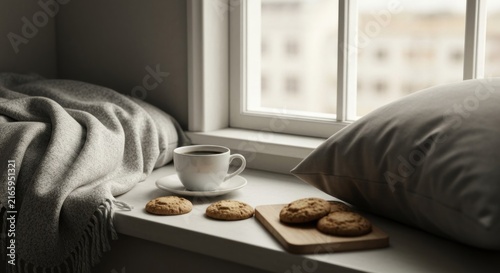 Cozy window sill scene with coffee, cookies, and a blanket