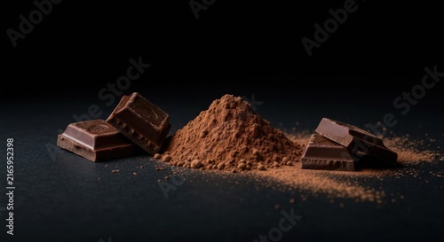 Dark chocolate chunks and cocoa powder on a black surface