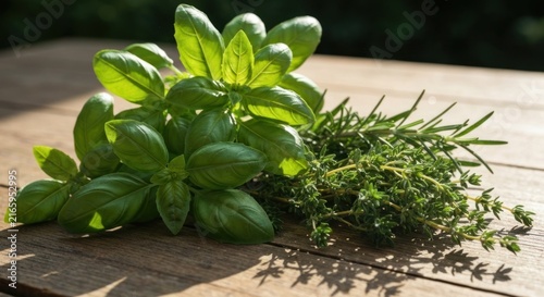 Fresh herbs basil, rosemary, and thyme on wood