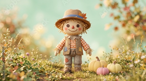 Cute toy scarecrow in a pastel pumpkin patch