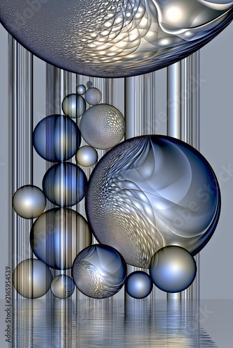 AI-generated illustration of a selection of spheres in various sizes, in blue, silver and white