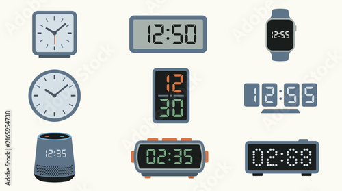 Flat design icon set of various modern clocks: analog, digital, smartwatch, and smart speaker display, isolated on light background.